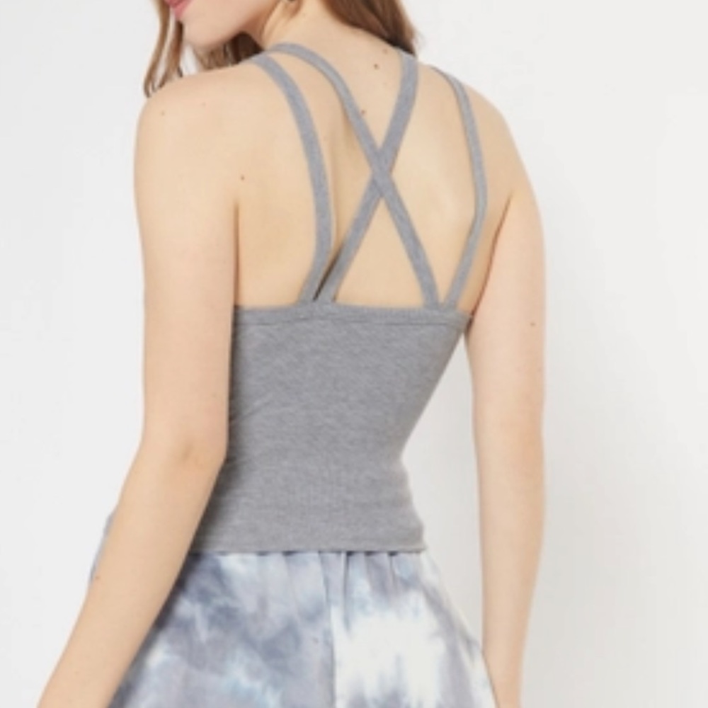 RUE 21 DOUBLE STRAP X-BACK RACERBACK GRAY RIBBED HIGH NECK ATHLEISURE TANK TOP - Picture 2 of 8